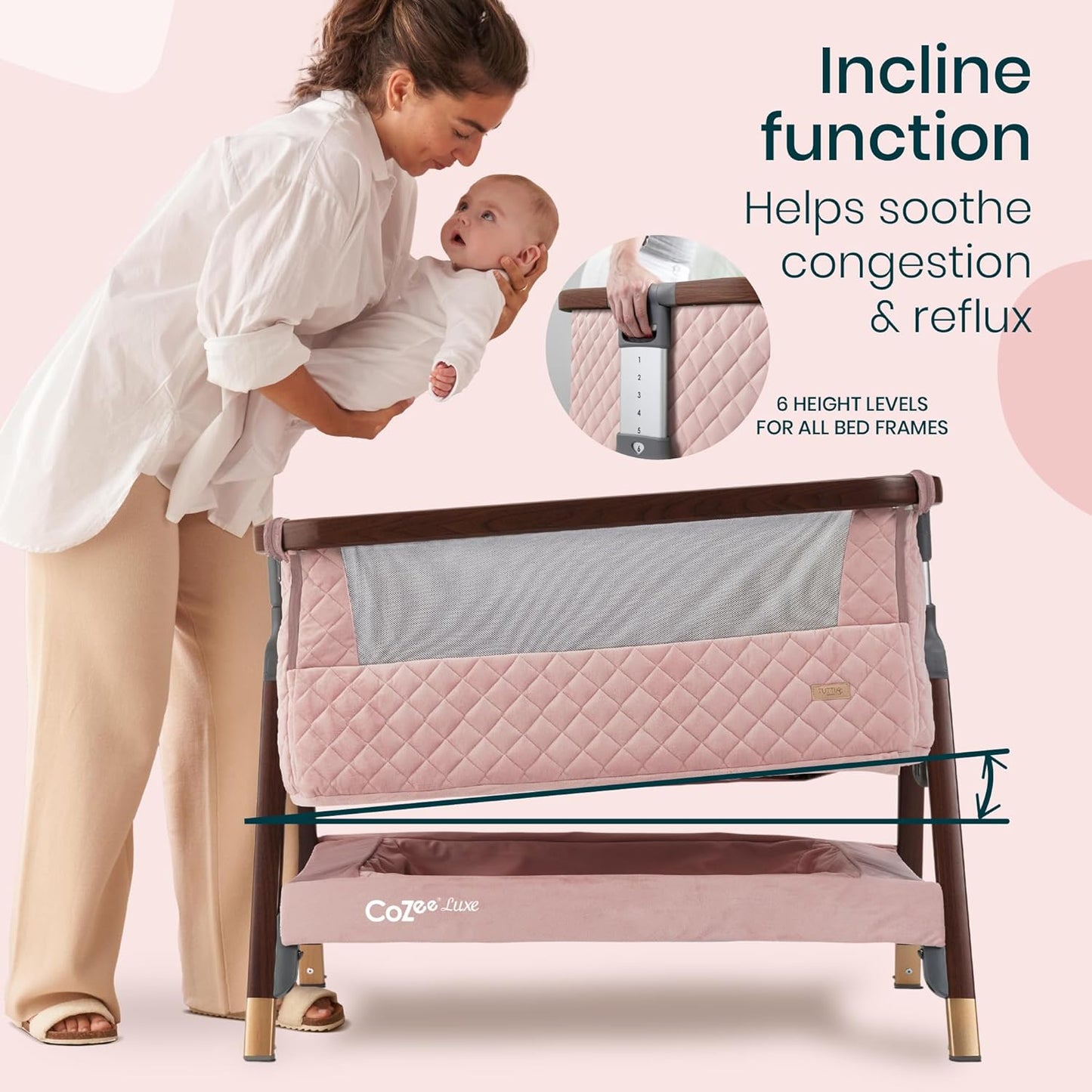 Tutti Bambini CoZee® 2-in-1 Baby Bassinet & Bedside Sleeper - Fast-Folding Bedside Bassinet, Baby Crib with 6 Mattress Heights & Breathable Mesh Window, Mattress Included, 0-6 Months (Oak & Charcoal)