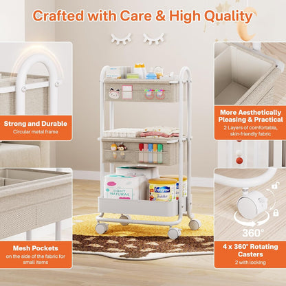 Modanais Baby Diaper Caddy Organizer Cart - 3 Tier Rolling Storage Cart with Wheels, Baby Essentials for Nursery Storage, Detachable Dividers - for Crib, Bedroom, Art & Craft Organizer (Black)