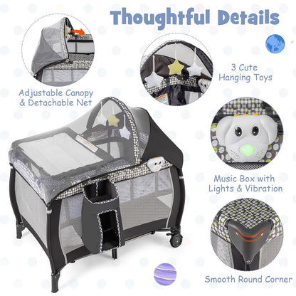 HONEY JOY Pack and Play with Bassinet, 4-in-1 Portable Baby Playard with Changing Table, Net & Cute Toys, Diaper Storage Bag, Music Box, Wheels with Brake, Foldable Newborn Play Yard w/Carry Bag