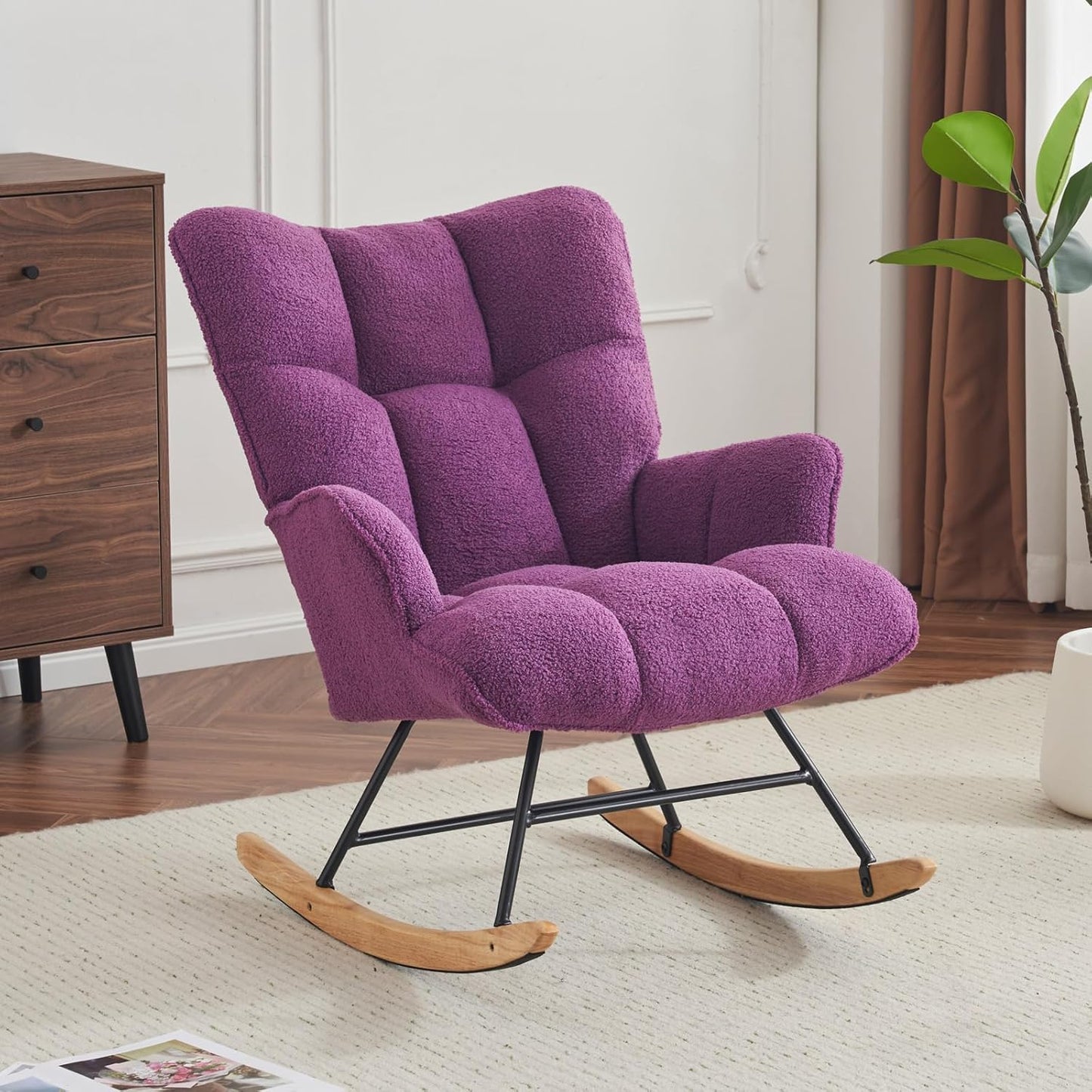 SAETSFEG Nursery Rocking Chair Teddy, Upholstered Glider Rocker with High Backrest, Comfortable Stylish Accent Armchair with Padded Seat for Living Rooms, Bedrooms, Offices, Colorful