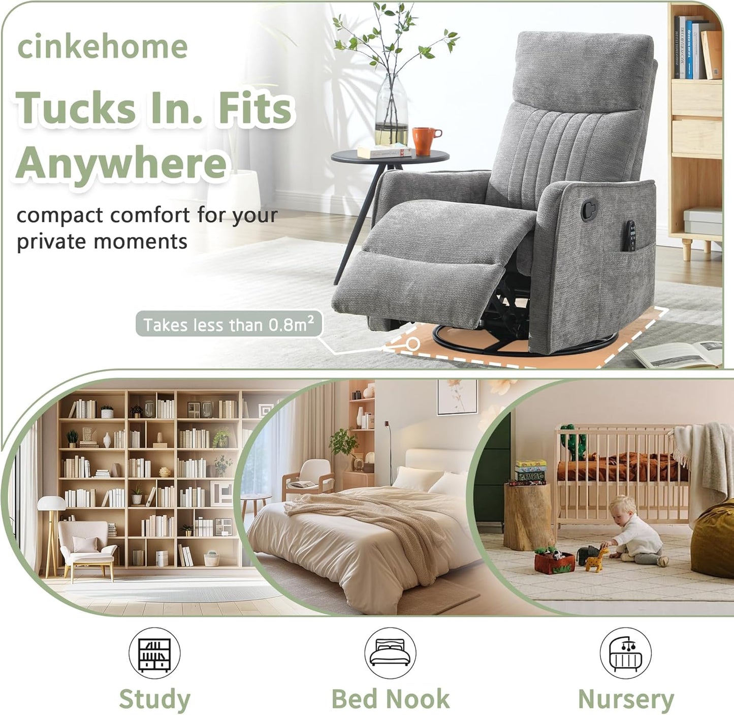 cinkehome Swivel Rocker Recliner, Glider Rocker Recliner Chair for Nursery, Manual Reclining Chair with Heated Massage, Small Spaces, Living Room, Khaki Chenille