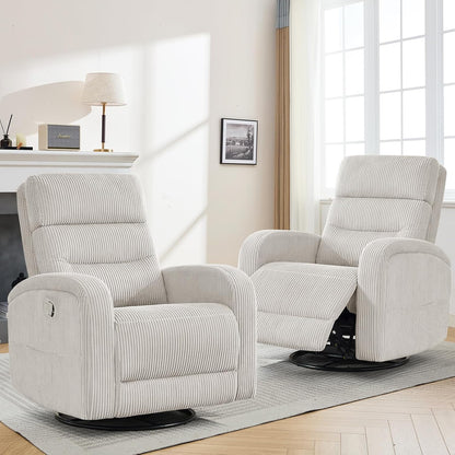 Power Swivel Rocker Recliner Chair for Nursery, Swivel Reclining Rocking Chairs, Electric Glider for Living Room, Upholstered Recliner Chairs for Bedroom, Corduroy White
