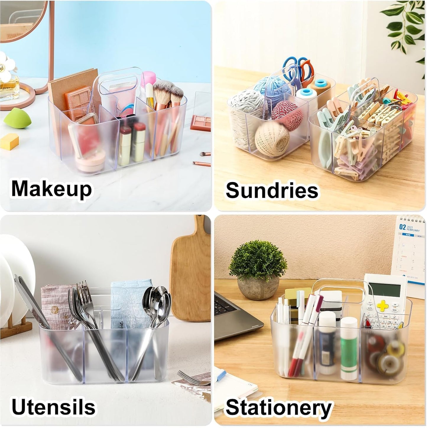 Multiuse Caddy Organizer with Handle, Portable Divided Plastic Tote Bin - Art Craft, Stationary Pen Marker Crayons, Makeup Hair Supplies Storage - Bathroom, Classroom, Dorm, Office, Desk Holder - Pink