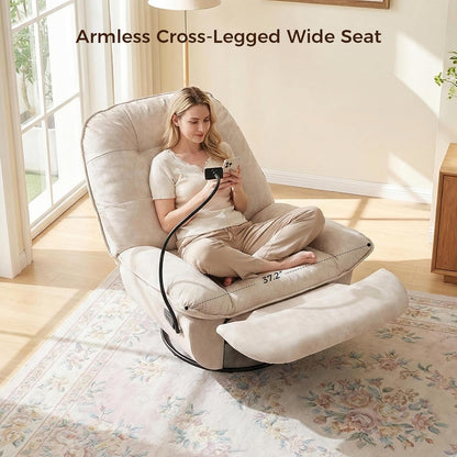 Swivel Rocker Recliner Chair for Adult, Glider Nursery Rocking Chair, Armless Manual Single Recliner Sofa for Living Room, Oversized & Overstuffed, Phone Holder Included, Light Brown Velvet