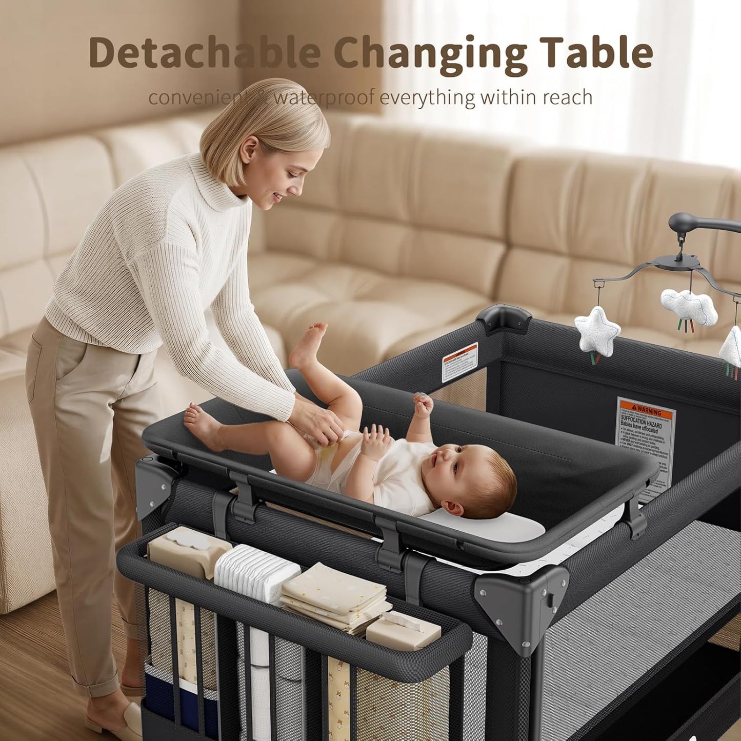 GAIVE 4 in 1 Baby Bassinet, One-Push Setup Pack and Play, Bedside Crib Sleeper with 3 Height Adjustable，Diaper Changer, Come with Comfy Mattress, Rotating Toy Bar, from Infants to Toddlers (Grey)