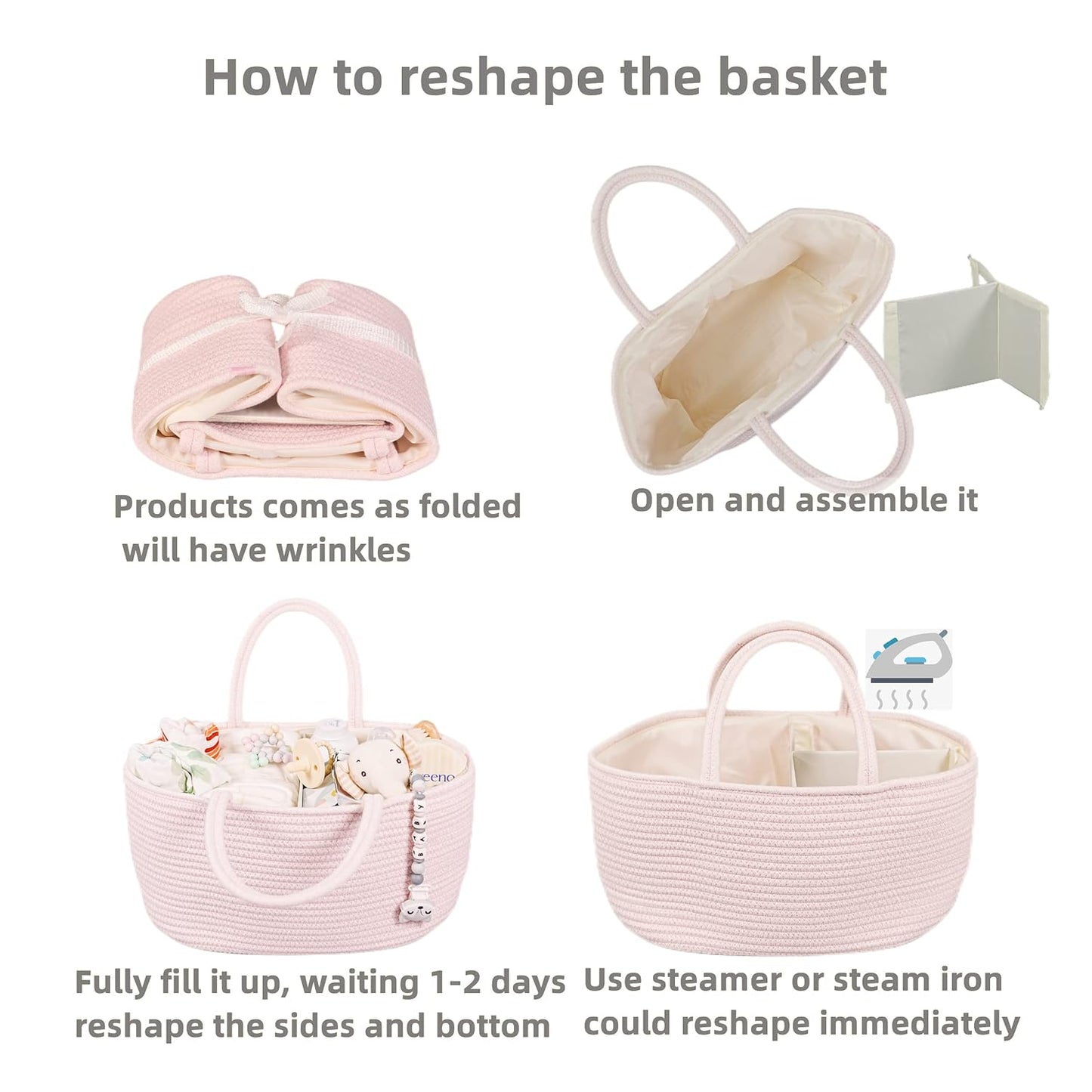 Baby Diaper Caddy Organizer for Girl Boy Rope Nursery Storage Bin Basket Portable Holder Tote Bag for Changing Table Car Travel Baby Shower Gifts Newborn Essentials Registry Must Have Items Pink