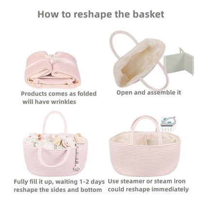 Baby Diaper Caddy Organizer for Girl Boy Rope Nursery Storage Bin Basket Portable Holder Tote Bag for Changing Table Car Travel Baby Shower Gifts Newborn Essentials Registry Must Have Items Pink