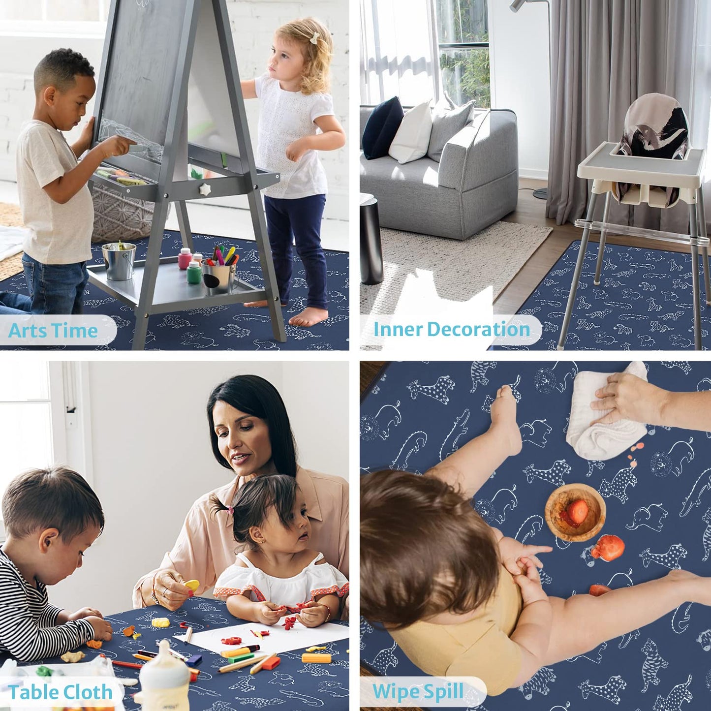 Blissful Diary Baby Splat Mat for Under High Chair, 50.4 x 50.4 Inch Wipeable Splash Mat, Waterproof and Washable, Anti-Slip Floor Protector, Retro Rainbow