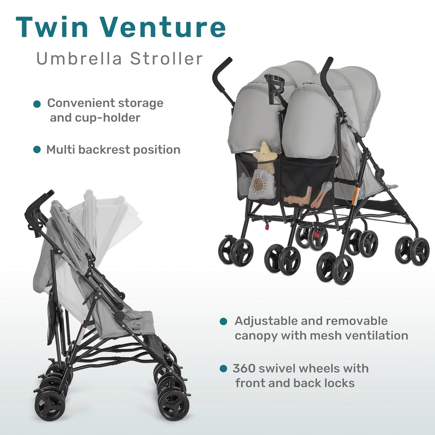 Dream On Me Twin Venture Umbrella Stroller in Pink, Multi Backrest Positions, Adjustable & Removable Canopy Double Stroller, 360°Swivel Wheels with Locks