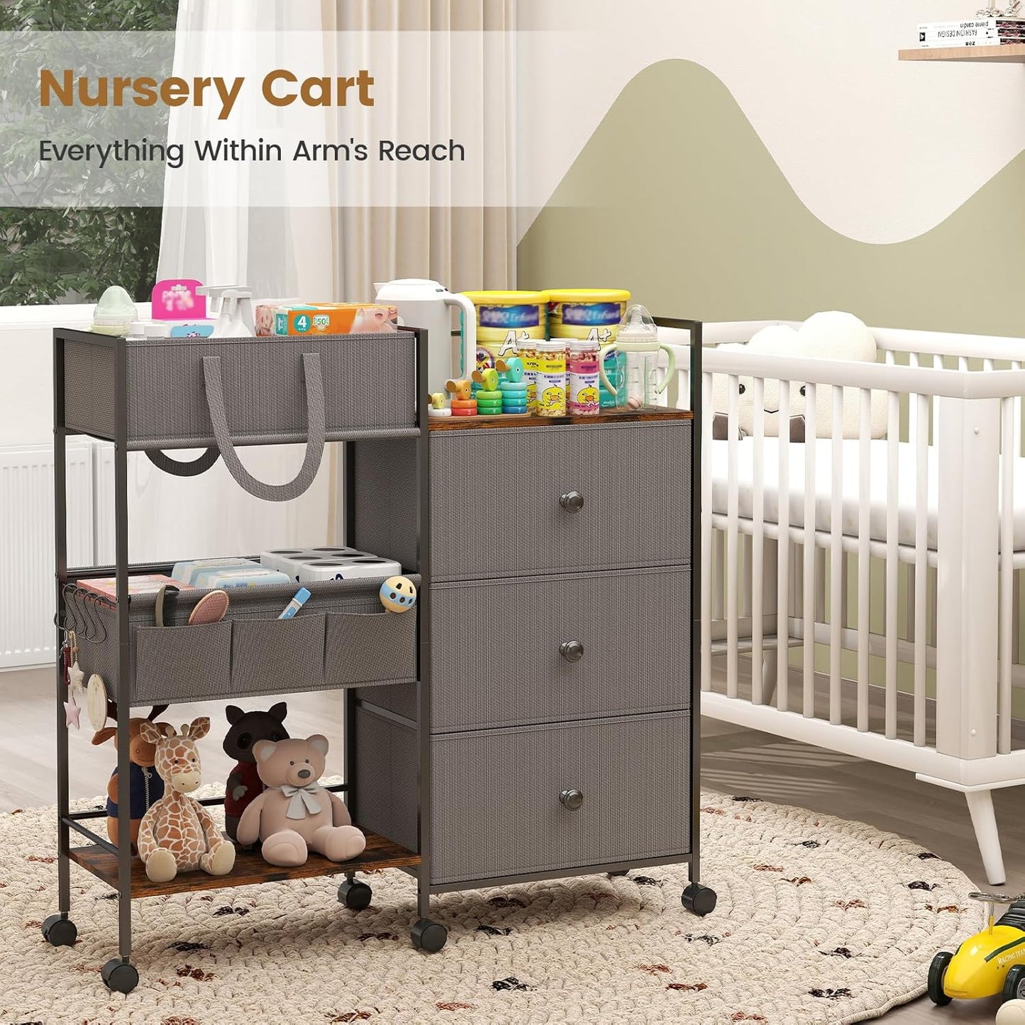 Diaper Caddy Organizer and Storage, 3-Tier Baby Storage Organizers with 2+2 Dividers, Large Capacity Diaper Rolling Cart for Nursery, Diaper Caddy Cart for Crib, Bedroom, Bathroom