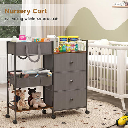 Diaper Caddy Organizer and Storage, 3-Tier Baby Storage Organizers with 2+2 Dividers, Large Capacity Diaper Rolling Cart for Nursery, Diaper Caddy Cart for Crib, Bedroom, Bathroom