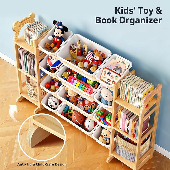 Toy Storage Organizer with 6 Shelves and 12 Bins, Toy Organizers and Storage Shelf with Bookshelf and Bookcase, Toys Box for Kids Room & Playroom & Bedroom & Nursery