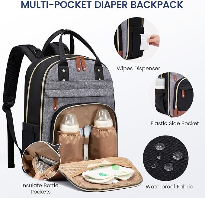 LOVEVOOK Diaper Bag Backpack, Baby Bag with Changing Pad, Large Diaper Backpack Boy Girl, Waterproof Baby Registry Bag for Mom Dad with Stroller Buckles, Black-grey-brown