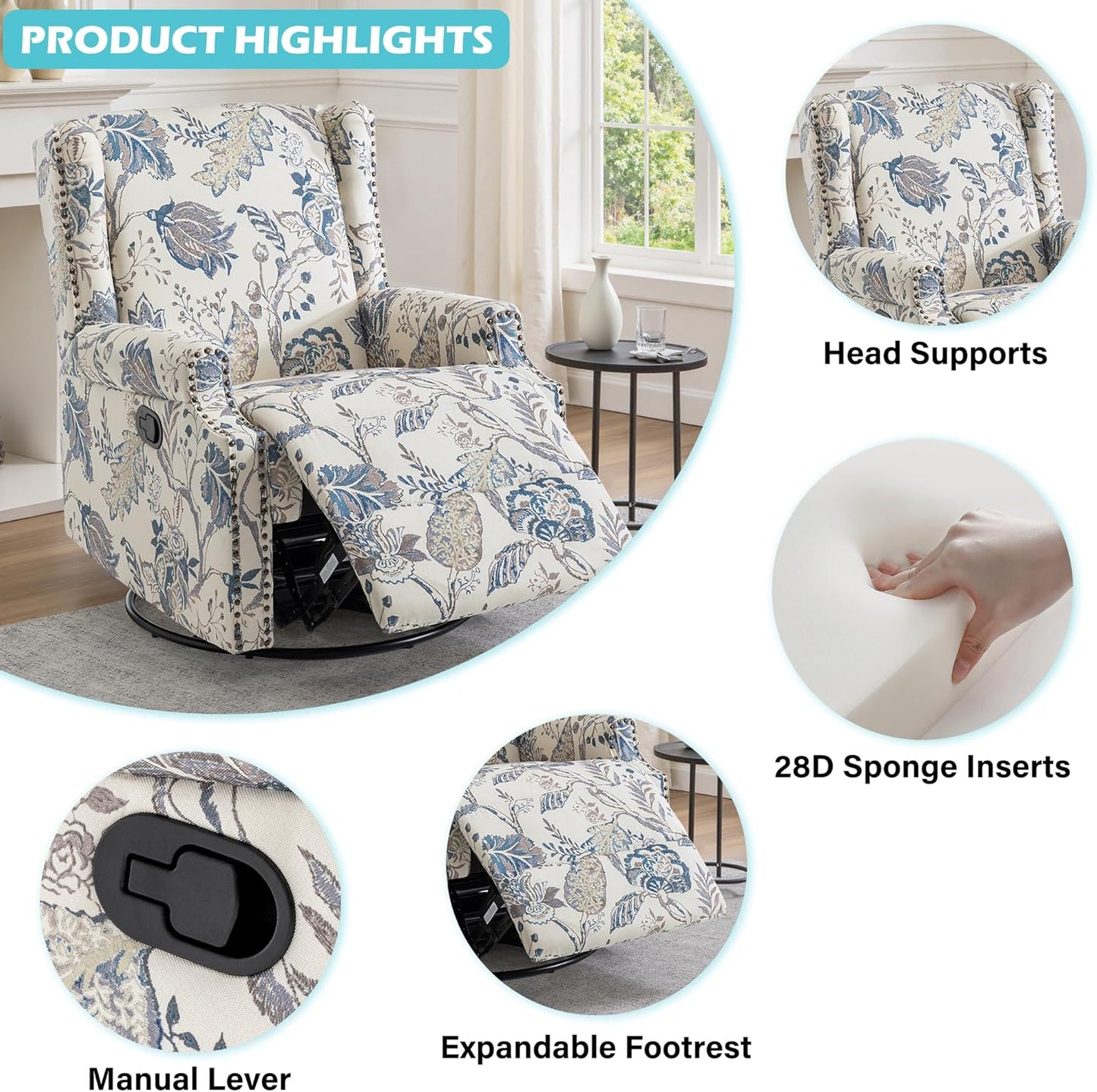 UIXE Swivel Glider Recliner Chair for Adults, High Back Nursery Rocker Floral Upholstered Armchair for Living Room, Manual Reclining Rivet Trim Sofa Lounge with Deep Seat in Fabric - Navy Blue
