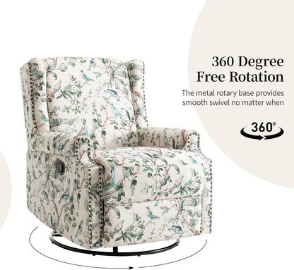 Swivel Rocker Recliner Chair, Manual Nursery Glider Recliner, Floral Fabric Wingback Accent Chair with Adjustable Backrest & Footrest for Small Spaces Living Room Bedroom (Plants Floral, Set of 1)
