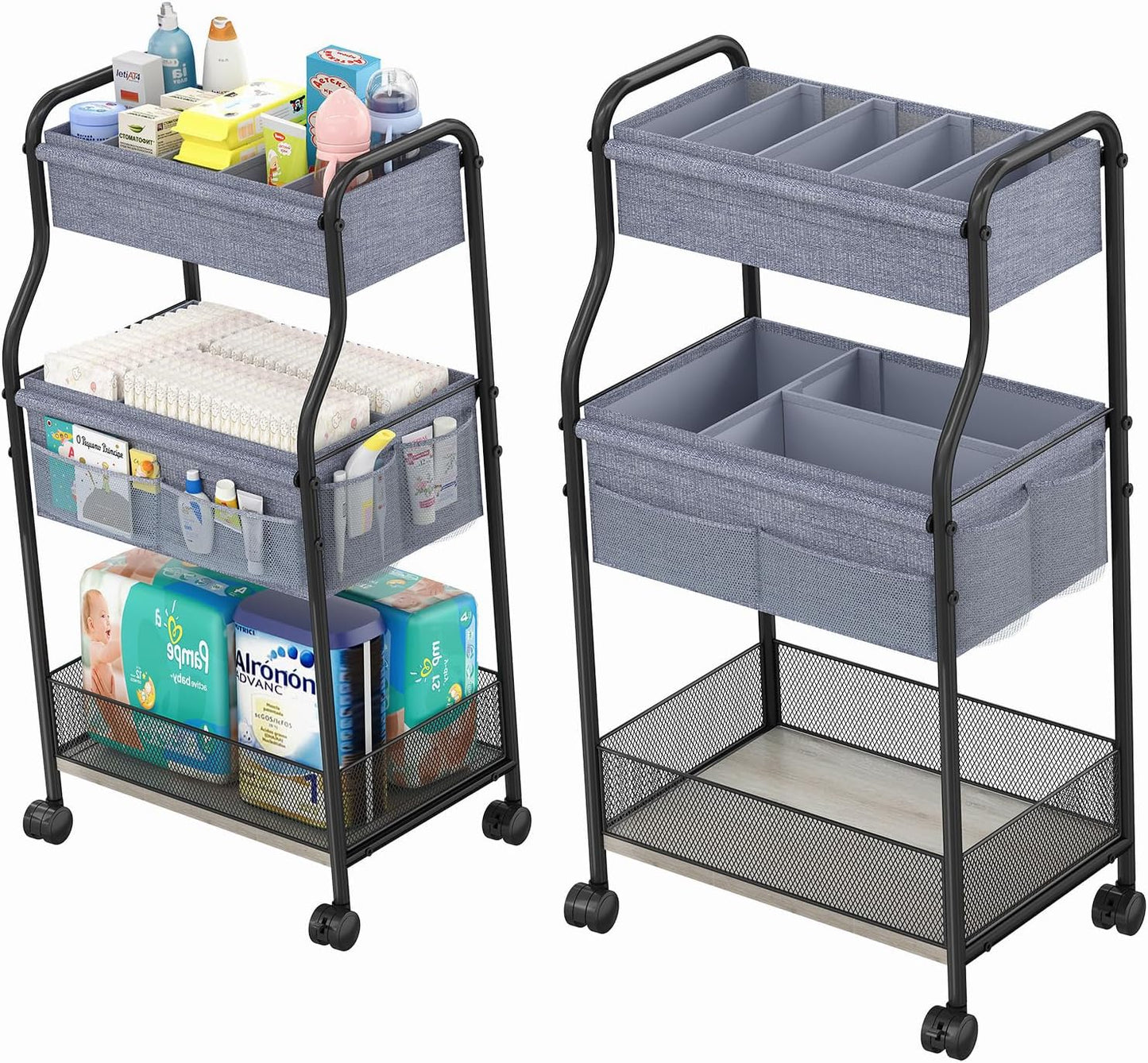 3-Tier Baby Diaper Caddy Cart Organizer,Mobile Nursery Storage Carts with Wheels,With 2 Dividers&14 Mesh Pockets Durable Metal Utility Cart for Nursery, Bedroom, Bathroom, Baby Essentials Organization