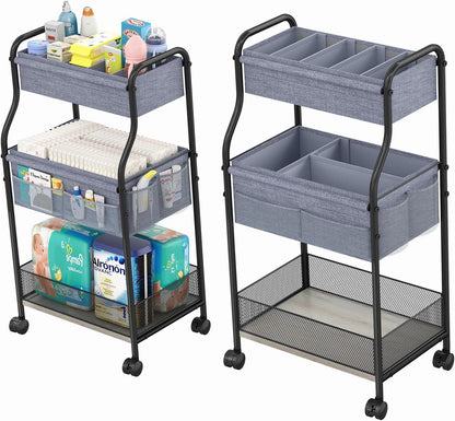 3-Tier Baby Diaper Caddy Cart Organizer,Mobile Nursery Storage Carts with Wheels,With 2 Dividers&14 Mesh Pockets Durable Metal Utility Cart for Nursery, Bedroom, Bathroom, Baby Essentials Organization