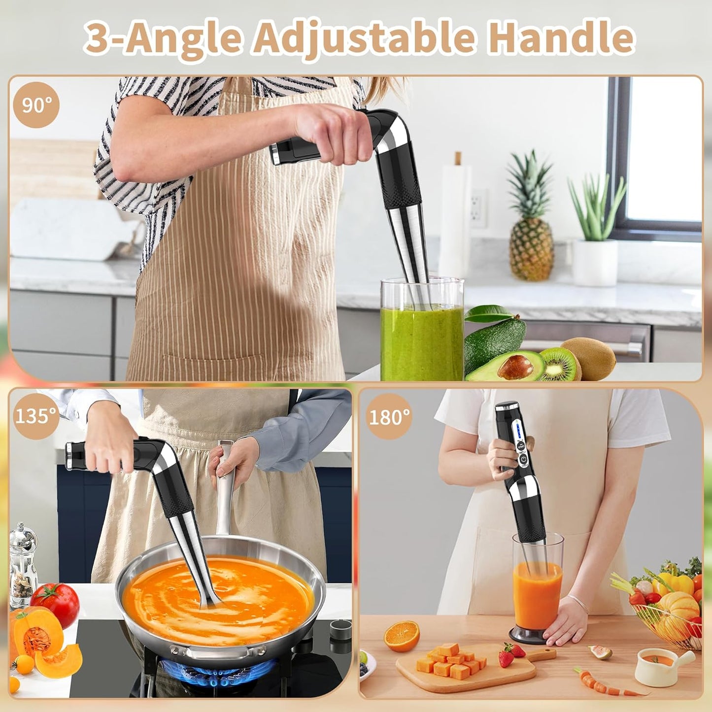 Toogel Cordless Immersion Blender, Electric Hand Blender with 21-Speed & 3-Angle Adjust, USB Rechargeable, BPA-Free & Dishwasher Safe for Baby Food, Smoothies, Soup (Grey)