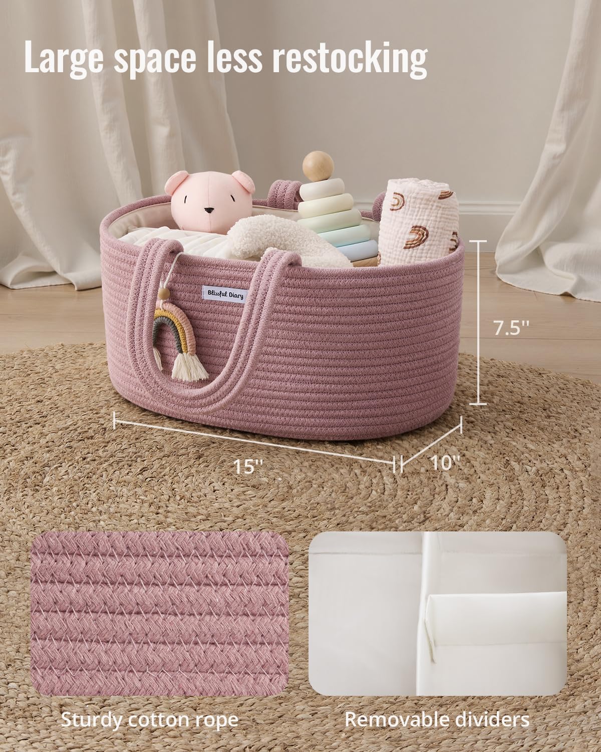 Blissful Diary Baby Diaper Caddy Organizer, Cotton Rope Diaper Caddy Basket, Large Storage Basket for Newborn Boys and Girls, Gift for Baby Shower List, Newborn Essentials, Earthy Rainbow