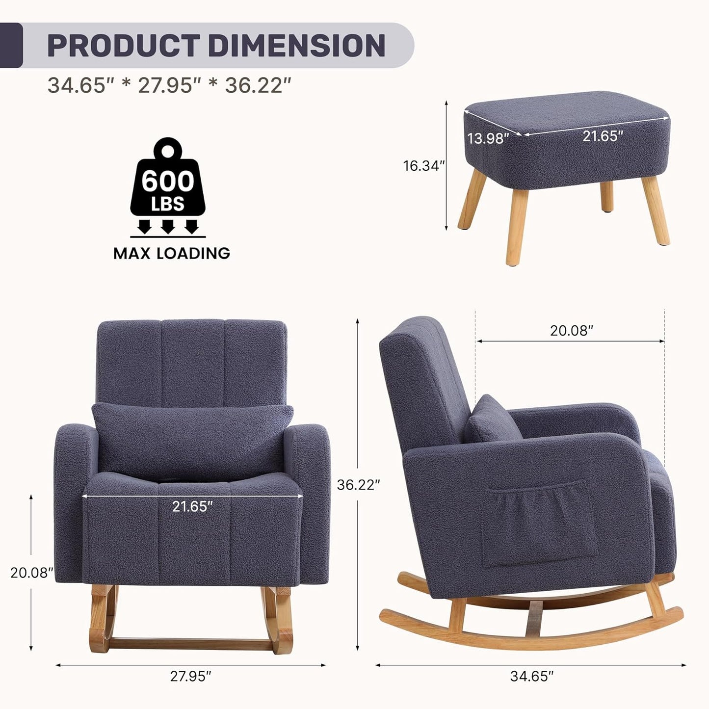 HCHAIRH Nursery Rocking Chair with Ottoman, Upholstered Glider Rocker with High Backrest Side Pocket, Rocking Accent Armchair with Solid Wood Legs for Nursery, Living Room, Bedroom, Light Grey