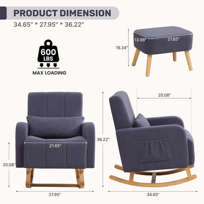 HCHAIRH Nursery Rocking Chair with Ottoman, Upholstered Glider Rocker with High Backrest Side Pocket, Rocking Accent Armchair with Solid Wood Legs for Nursery, Living Room, Bedroom, Light Grey