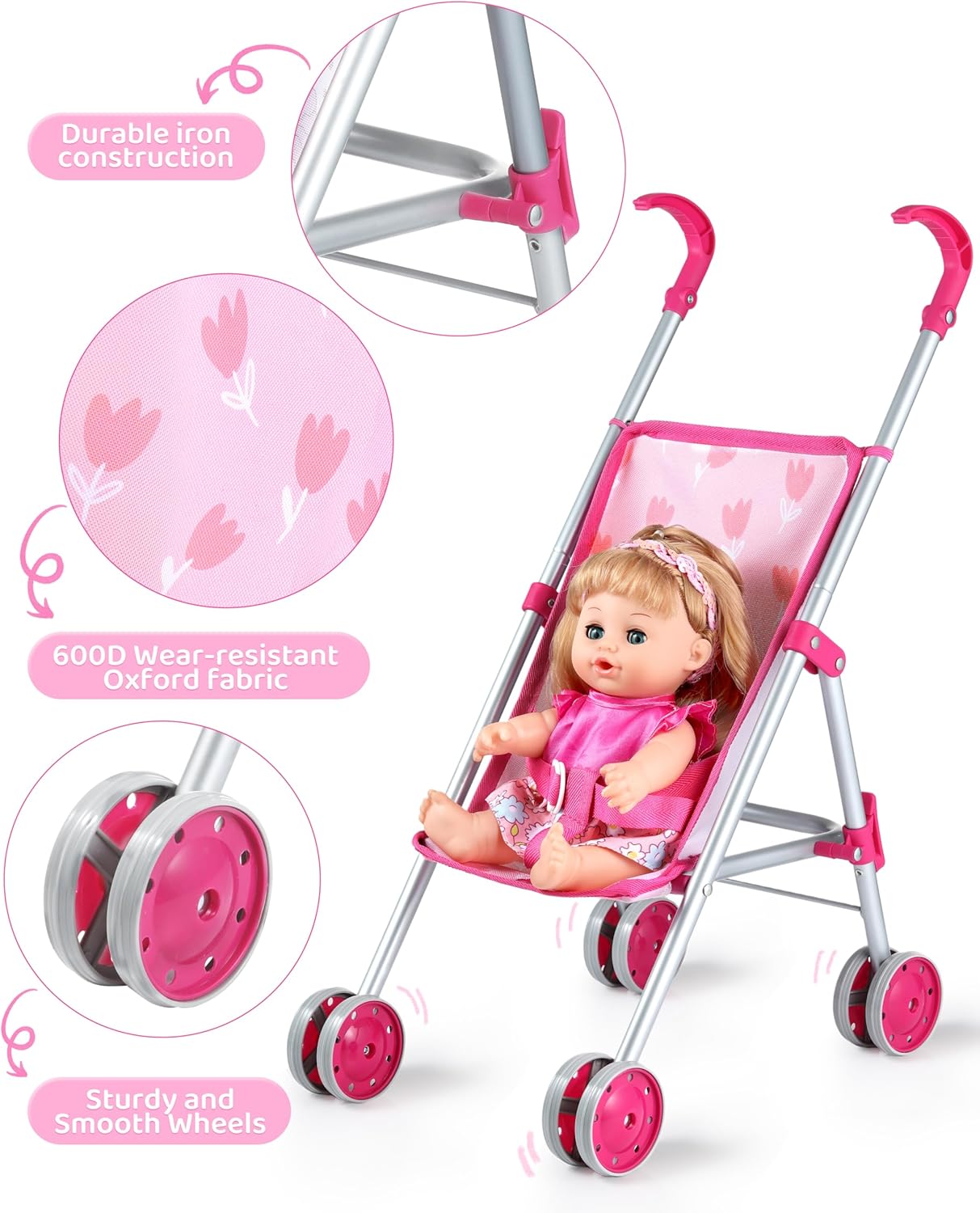 GAGAKU Baby Doll Stroller for Toddlers, Foldable Toy Stroller with Storage Basket and Bag, Diapers - Reborn Doll Accessories for Girls & Kids Ages 3+, Pink