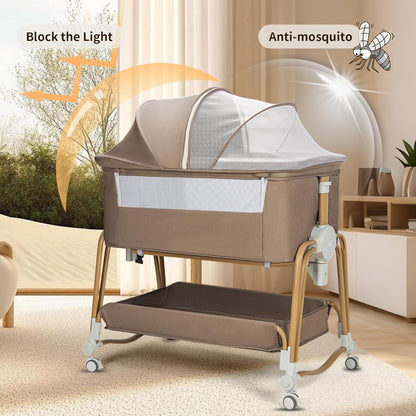 suihuooo 4-in-1 Baby Bassinet, Portable Bassinet Bedside Sleeper with Wheels and Storage Basket, 7 Height Adjustable Breathable Mesh Rocking Bassinet with Mosquito Net for Newborn-White