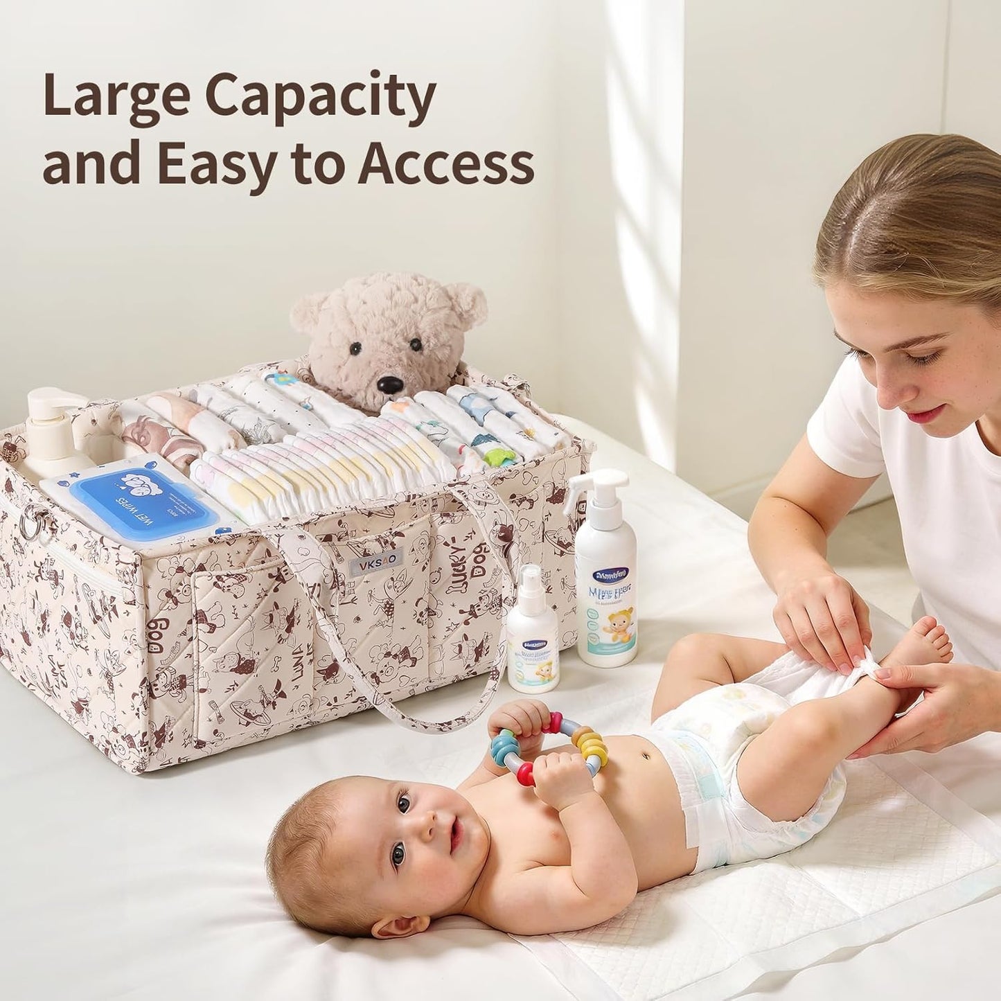 Baby Boy Essentials Diaper Caddy Organizer – Portable Storage Basket with Shoulder Strap & Stroller Hooks, Splashproof Quilted Nursery & Car Tote, Baby Gifts for Baby Shower, Classic Blue