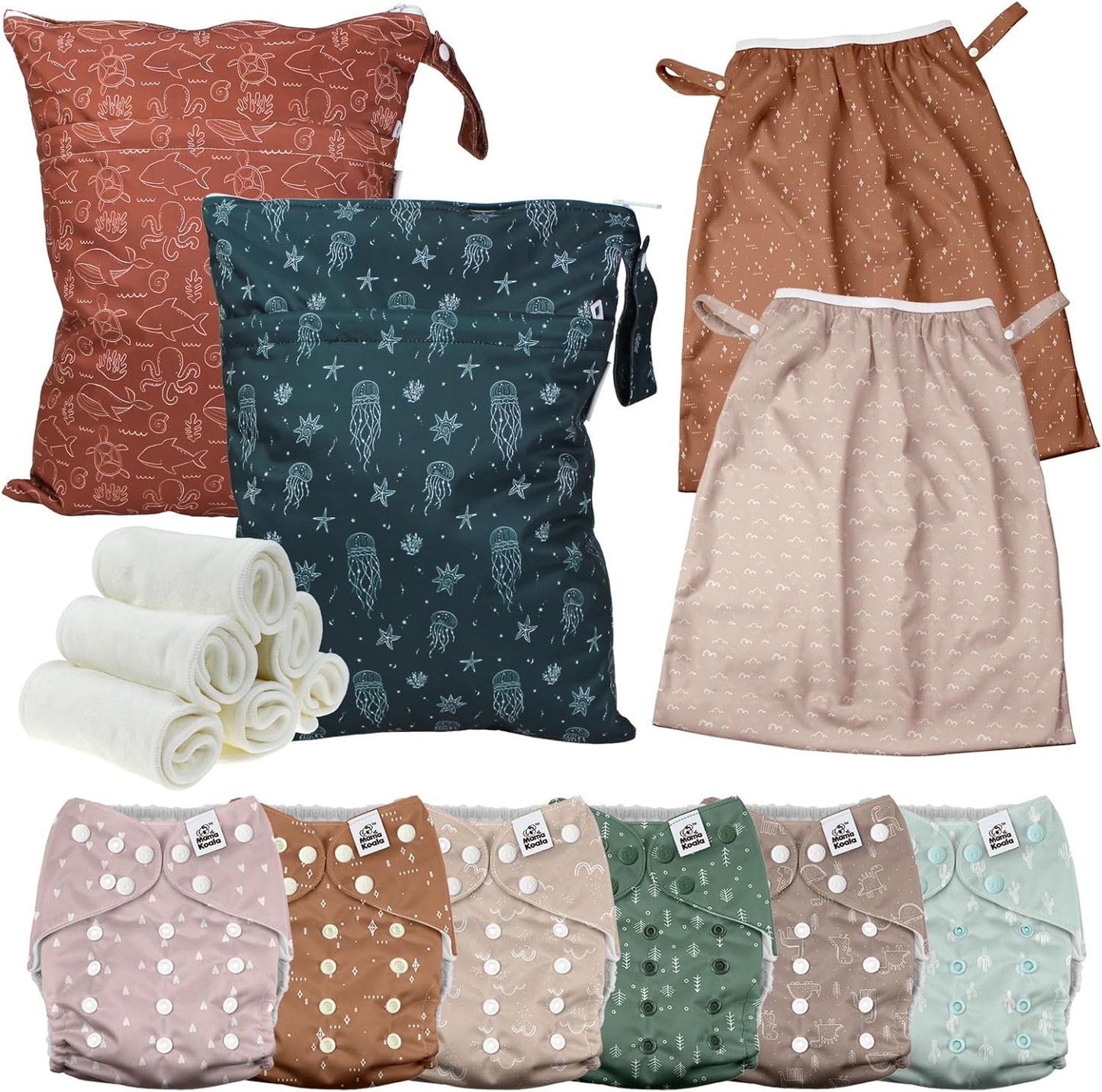 Mama Koala 3.0 Baby Cloth Diapers with 6 Inserts Bundle, with 2 Pack Wet Dry Bags, and 2 Waterproof Pail Liners