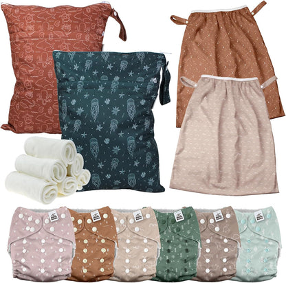 Mama Koala 3.0 Baby Cloth Diapers with 6 Inserts Bundle, with 2 Pack Wet Dry Bags, and 2 Waterproof Pail Liners