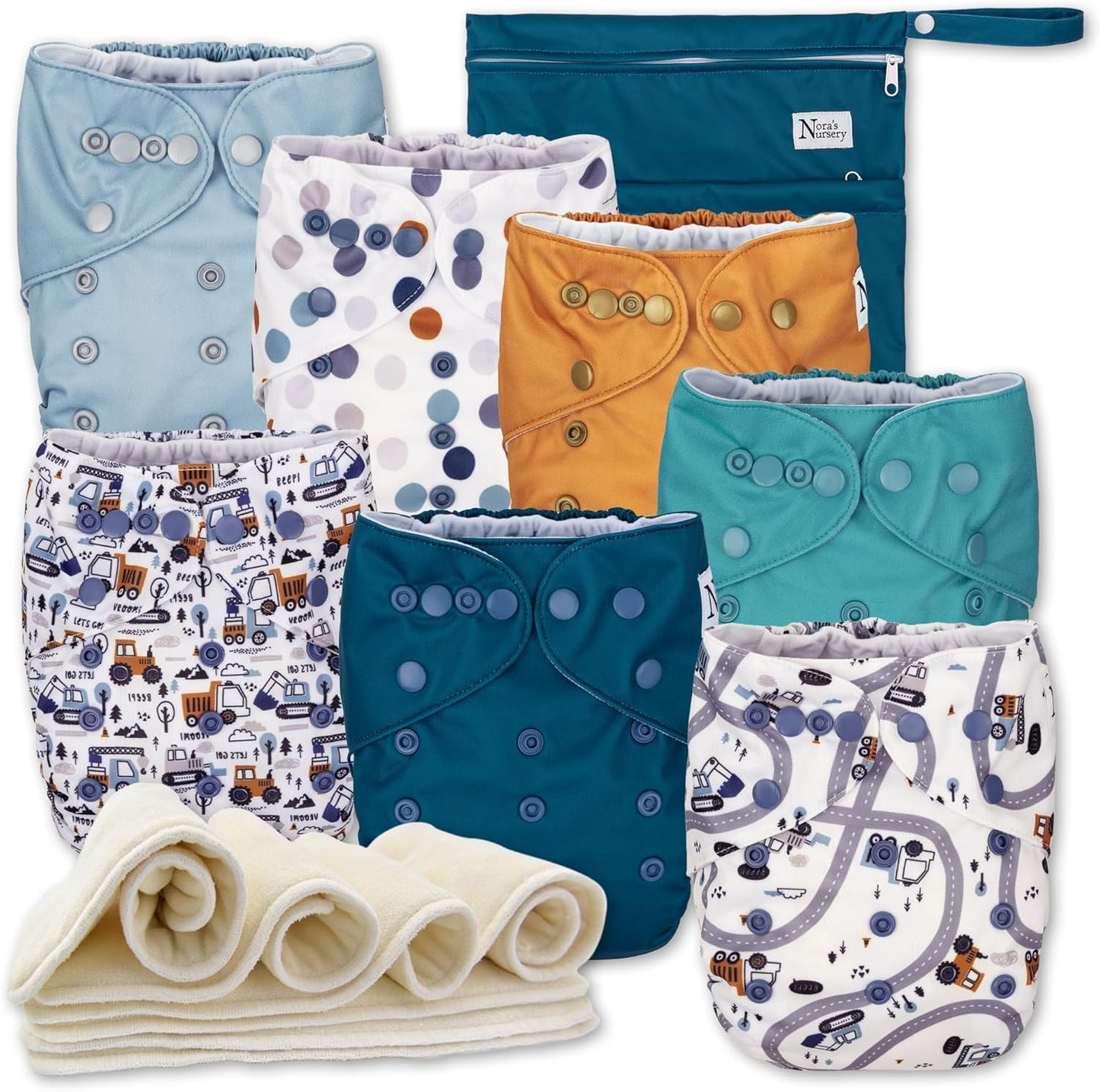Nora's Nursery Cloth Diapers 7 Pack with 7 Inserts & 1 Wet Bag - Waterproof Cover, Washable, Reusable & One Size Adjustable Pocket Diapers for Newborns and Toddlers - Delilah