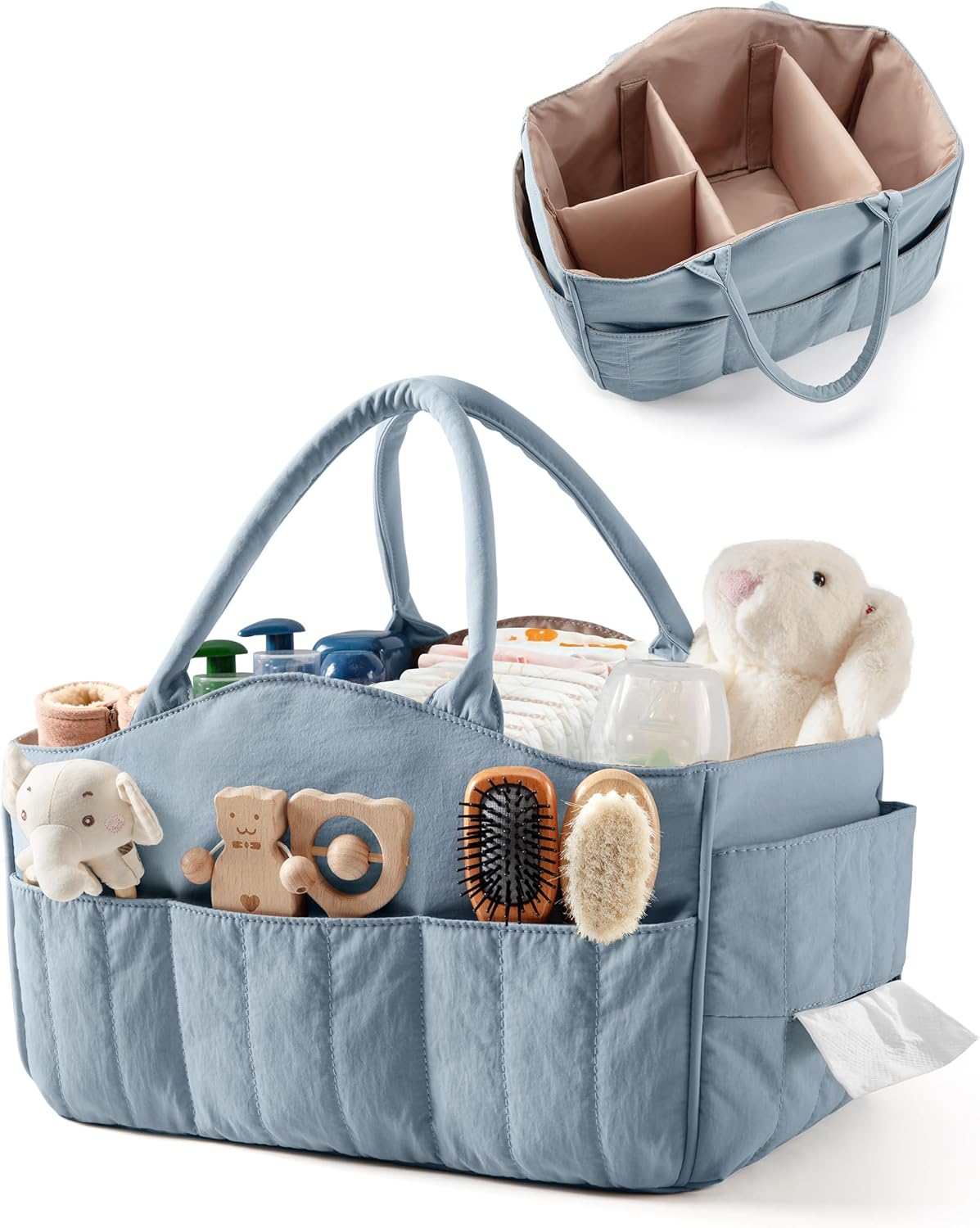 Marscamd Quilted Baby Diaper Caddy with Detachable Dividers and Wipes Pocket, Lightweight Baby Caddy Organizer with Handles and 8 Pockets for Baby Stuff, Dusty Blue