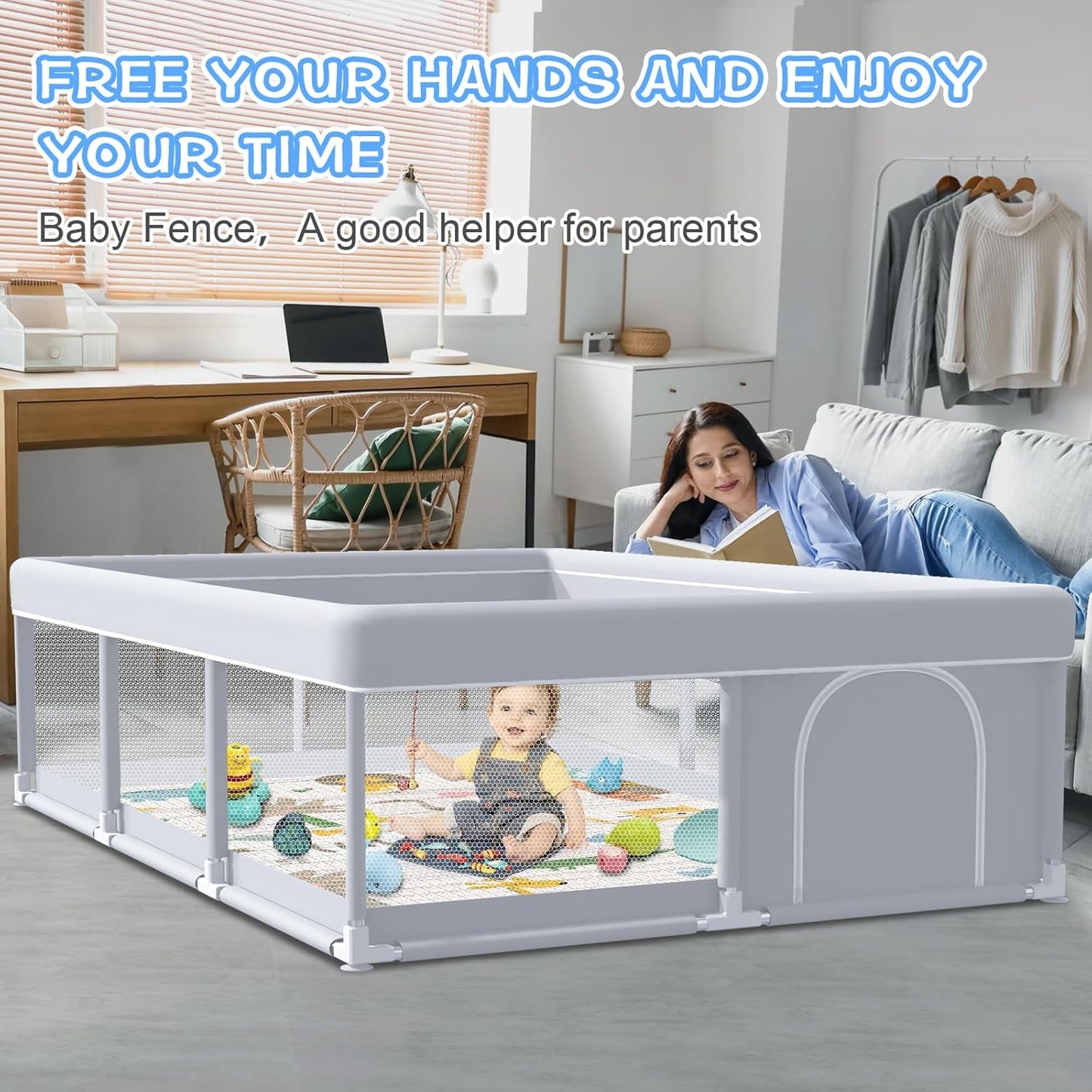 XVISHX Baby Playpen 50 x 50 Inch Play Pen Playards, Playpen for Babies and Toddlers, Baby Playard for Indoor & Outdoor Active Center Game Fence, with Skin-Friendly Fabric and Soft Breathable Mesh Grey