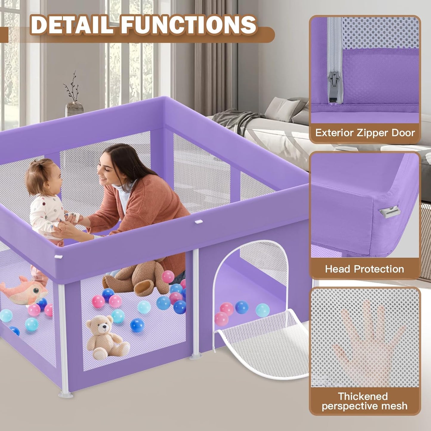 Foldable Baby Playpen 50"×50", Playard for Babies and Toddlers, Portable Safety Baby Fence Lightweight,No Installation, Indoor & Outdoor Playpen with Ocean Balls*50, Grey