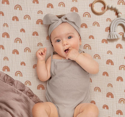Blissful Diary Muslin Bassinet Sheets for Baby Girls Boys, Boho Soft Cotton Fitted for Oval Hourglass Rectangle Mattress, 2 Pack(Sunshine&Brown)