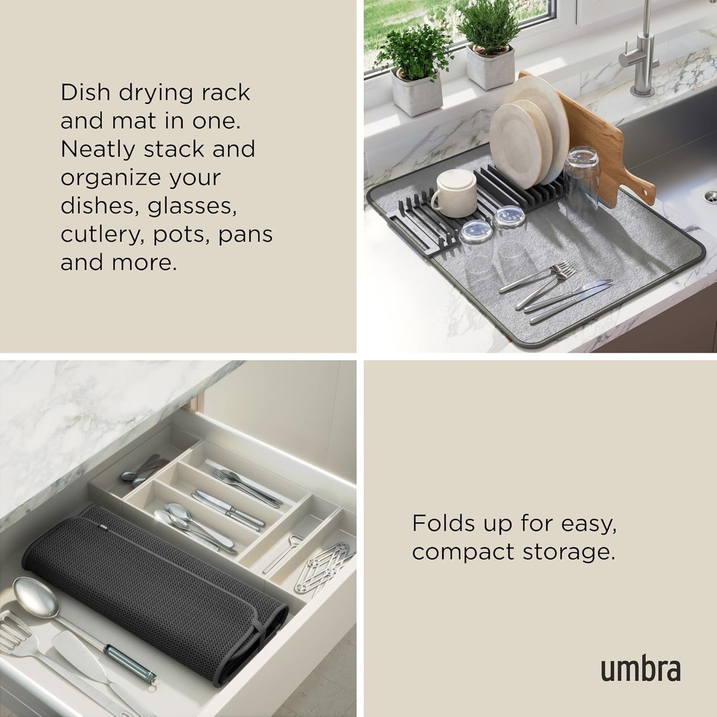 Umbra Udry Dish Rack and Microfiber Drying Mat – Space-Saving Design Folds Up for Easy Storage, Mini Rack, Gray