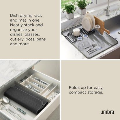 Umbra Udry Dish Rack and Microfiber Drying Mat – Space-Saving Design Folds Up for Easy Storage, Mini Rack, Gray