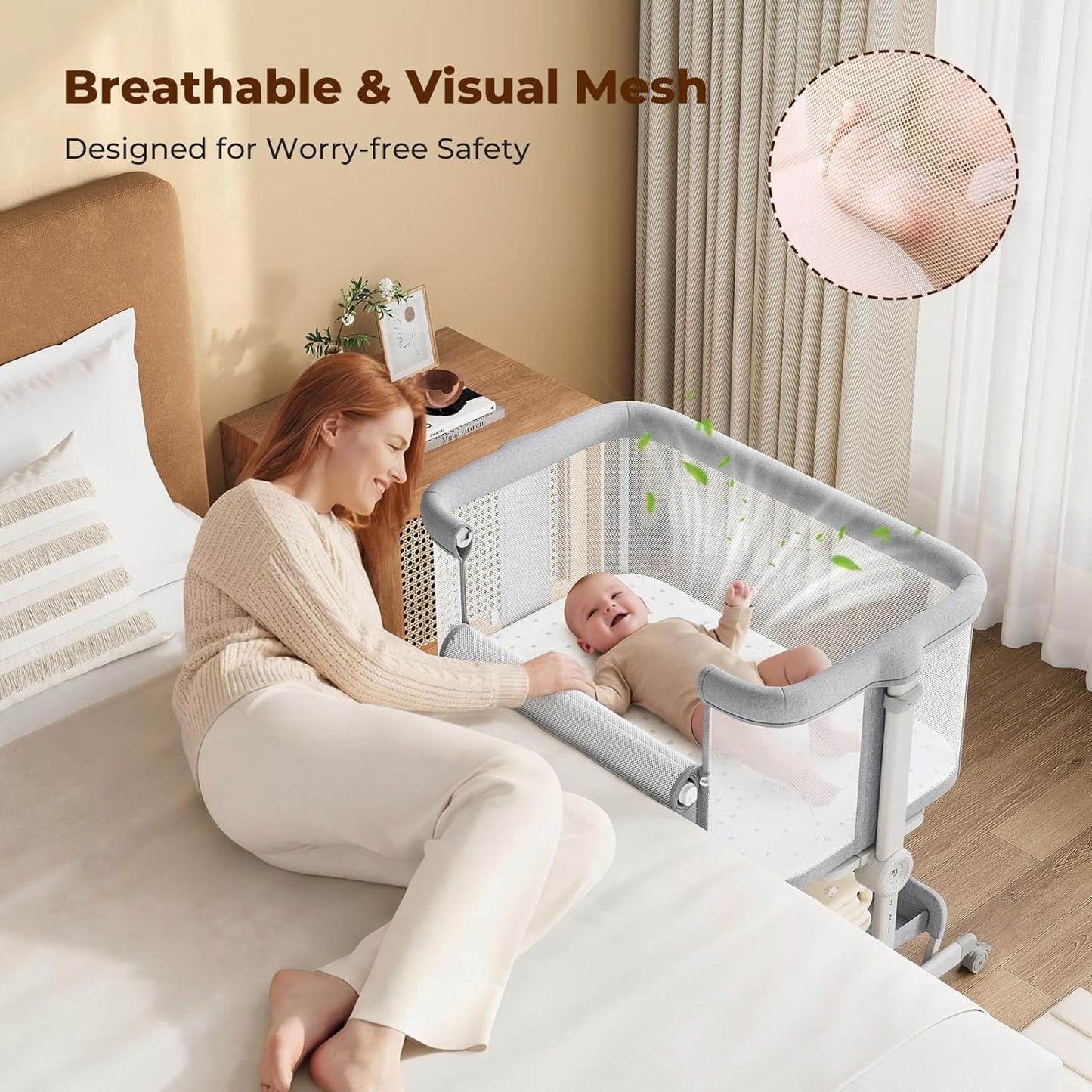 Ezebaby Baby Bassinets Bedside Sleeper, Portable Bedside Bassinet for Baby Newborn Infants with Adjustable 7 Heights and All Mesh Sides, Newborn Crib with Mattress and Soft, Breathable Sheet | Baby bassinets