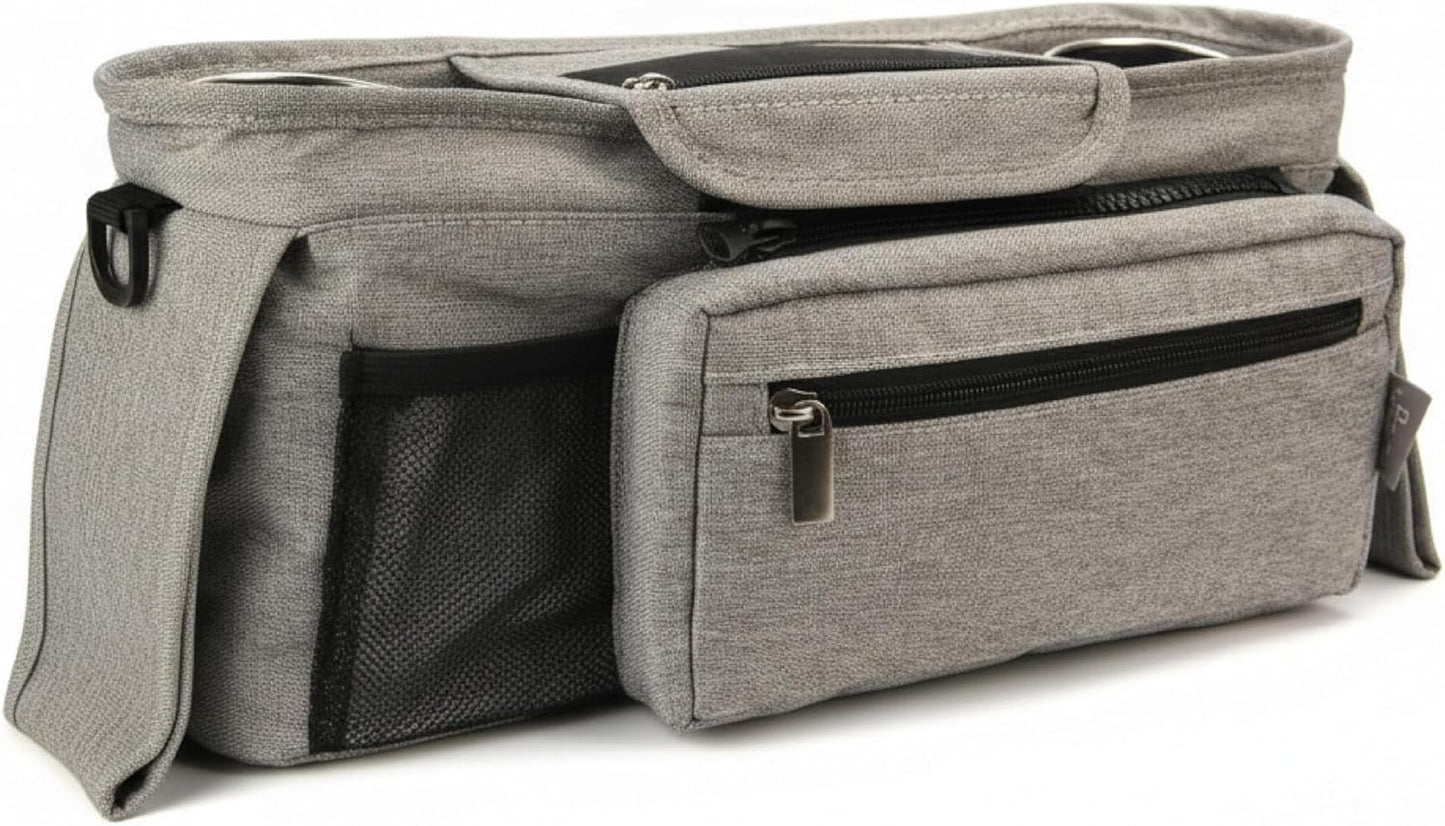 Universal Stroller Organizer, Grey - 2 Insulated Cup Holders - Non-Slip Stroller Caddy Bag - Detachable Phone Pouch - Fits Uppababy, Nuna - New Mom Essentials