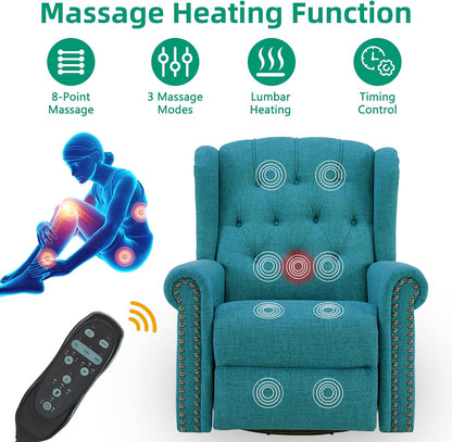 VIVIJASON Power Swivel Rocking Recliner Chair with Massage & Heat, Electric Rocker Nursery Glider Chair, Wingback Tufted Upholstered Recliner W/Type-C & USB Ports for Living Room, Bedroom, Beige