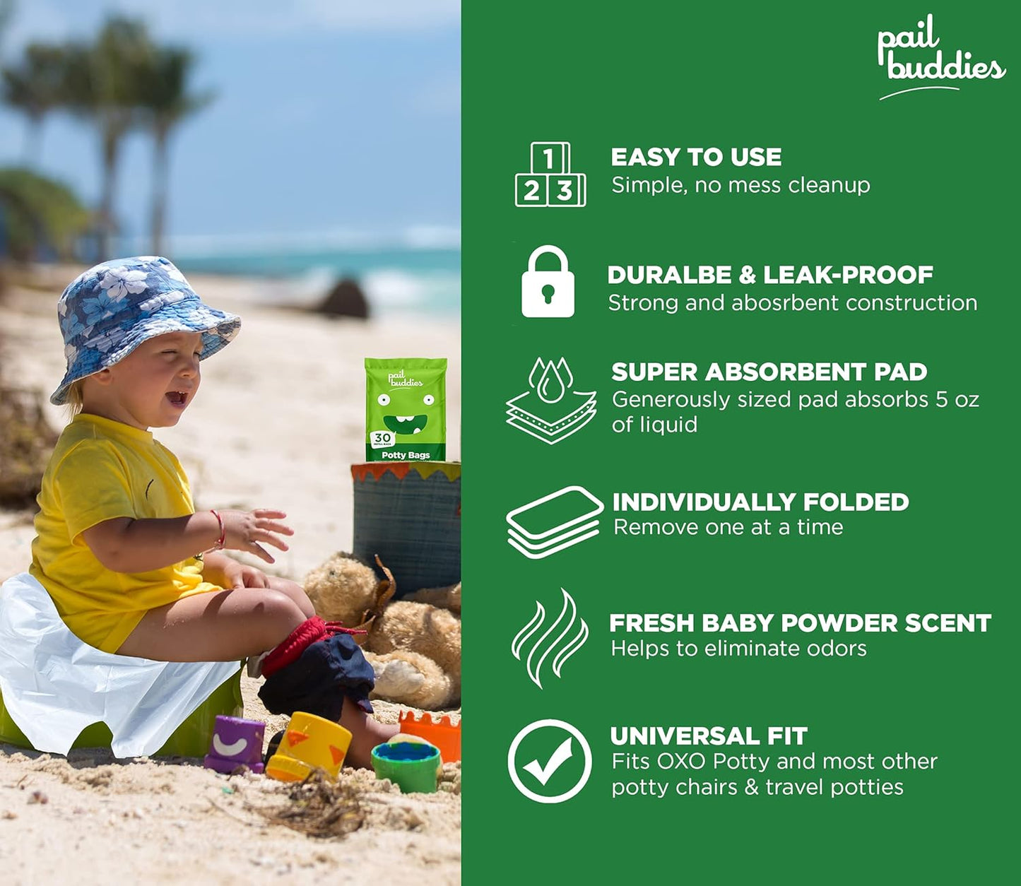 Pail Buddies 60 Refill Potty Bags: Absorbent, Disposable Liners Compatible with OXO Tot 2-in-1 Go Potty | Strong, Leak-Proof Bags Fits Most Travel Potties, Potty Chairs, Potty Seats & Portable Toilets
