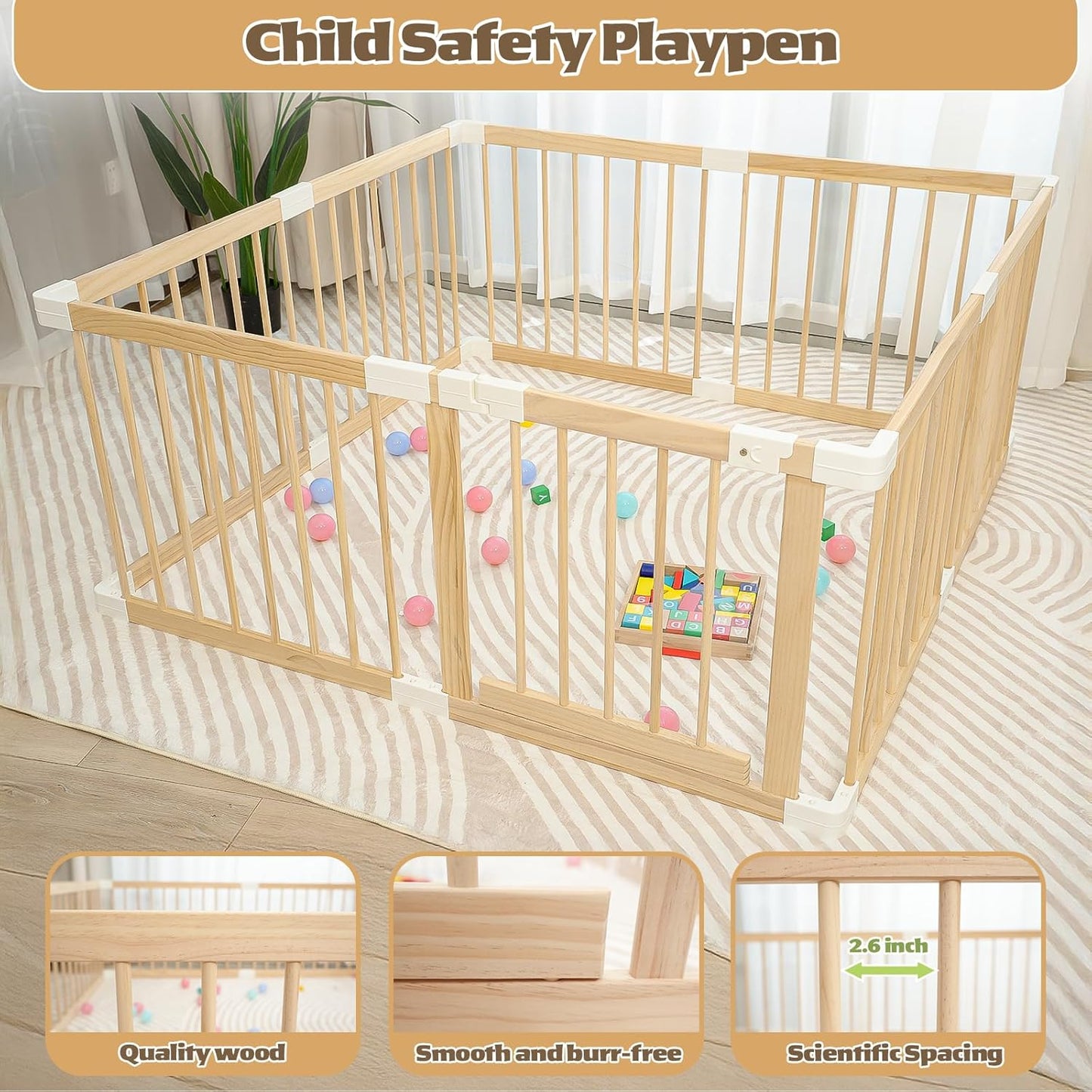 Extra Large Wooden Baby Playpen,Play Pen for Babies and Toddlers Kids Indoor,Security Playard Area Indoor,Easy to Assemble (73x73x24 Inch)