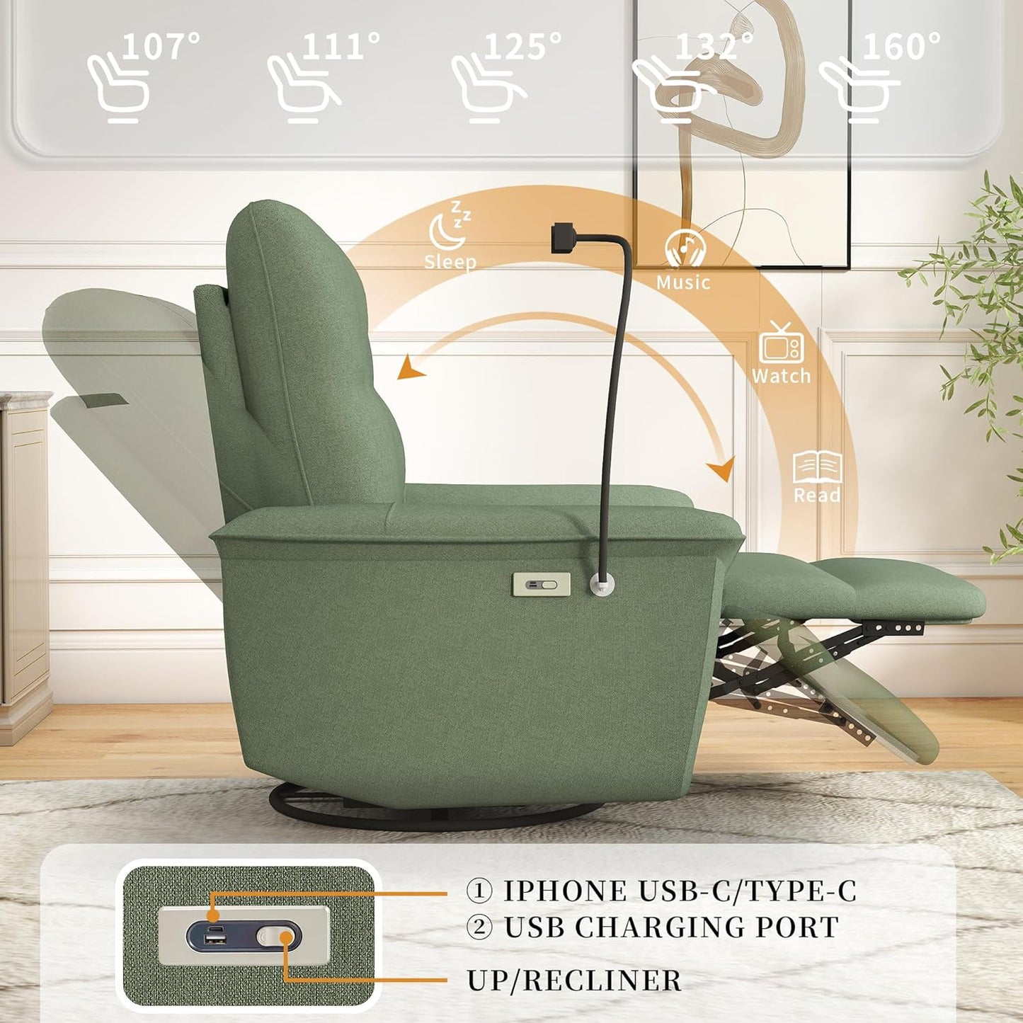 Power Swivel Rocker Recliner Chair for Nursery, Upholstered Glider Rocking Chair with Phone Holder,USB Ports, Small Recliners for Small Spaces Living Room, Bedroom