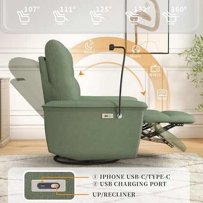 Power Swivel Rocker Recliner Chair for Nursery, Upholstered Glider Rocking Chair with Phone Holder,USB Ports, Small Recliners for Small Spaces Living Room, Bedroom