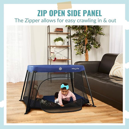 Dream On Me Travel Light Baby Playard with Zipper Access Door, Breathable Mesh Sides with Soft Comfortable Mattress, Easy Fold Design with Travel Carry Bag, Compact Space Saving Design - Navy