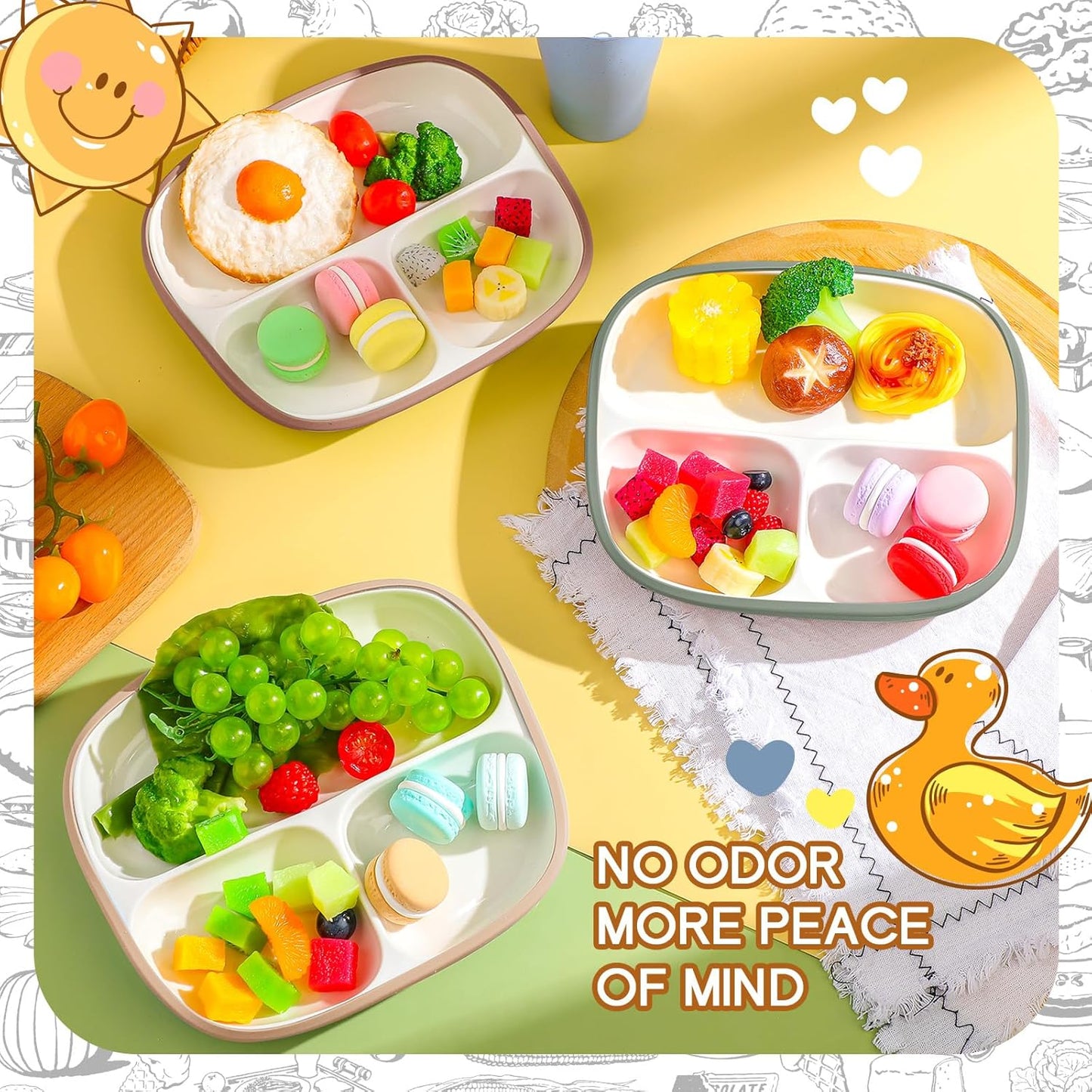 Domensi Kids Porcelain Plates with Silicone Sleeves 8.2 Inch Divided Porcelain Plate Toddler White Suction Dishes for Baby Troubleless Eating Microwave Dishwasher Safe(Stylish,3 Set)