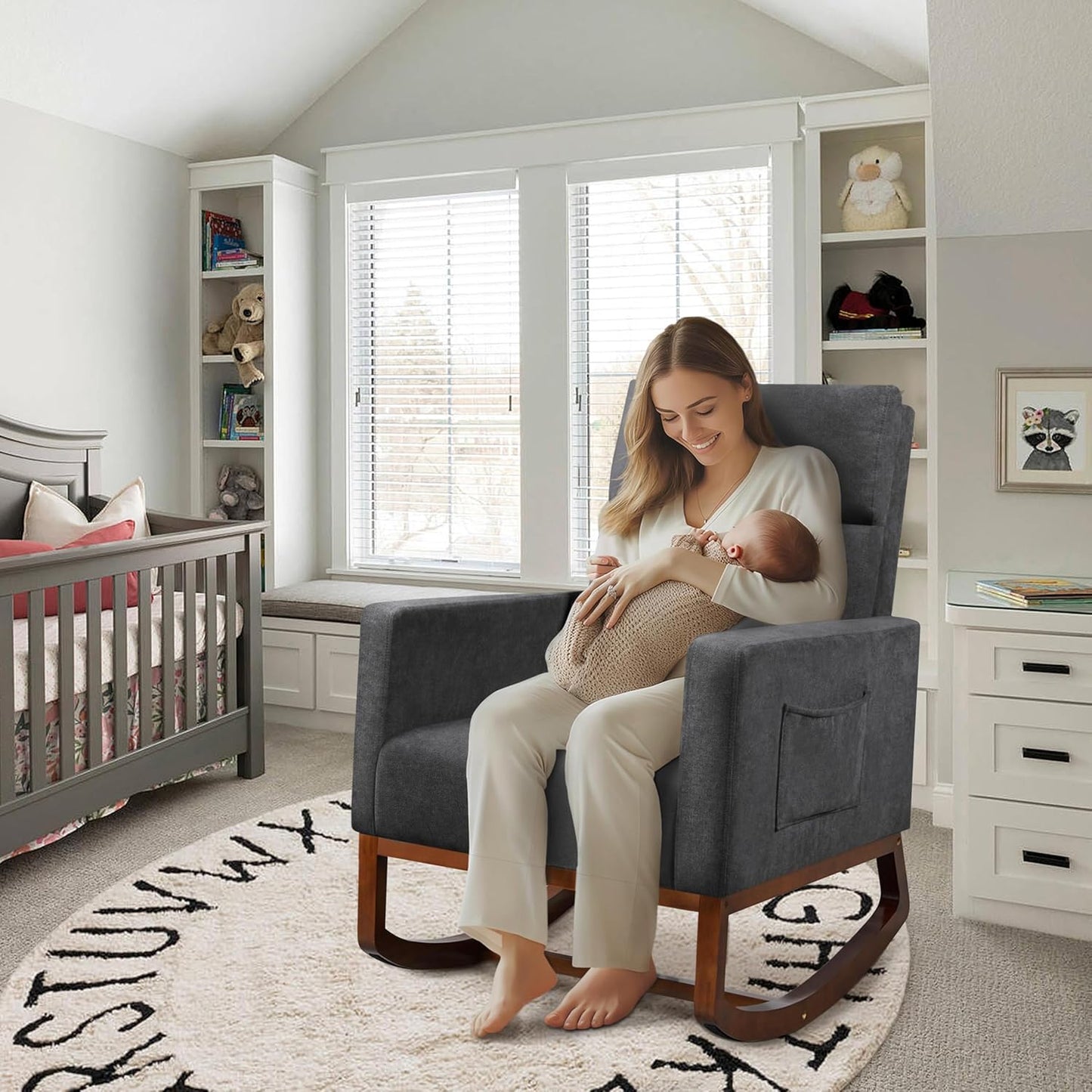 Yaheetech Upholstered Rocking Chair, Boucle Glider Chair Nursery Chair with High Back and Side Pocket, Rocking Accent Armchair with Rubber Wood Legs for Living Room/Bedroom/Nursery, Ivory