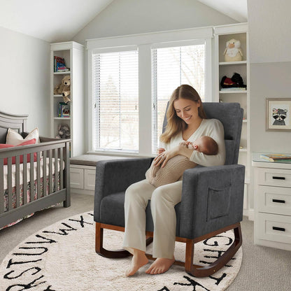Yaheetech Upholstered Rocking Chair, Boucle Glider Chair Nursery Chair with High Back and Side Pocket, Rocking Accent Armchair with Rubber Wood Legs for Living Room/Bedroom/Nursery, Ivory