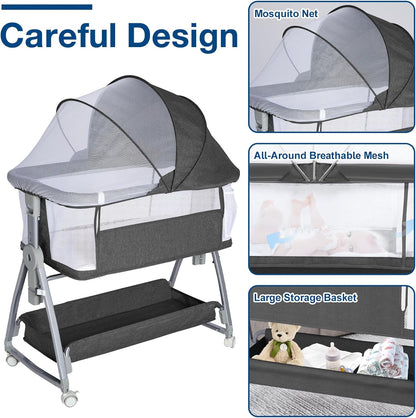 Jixrolyn 3 in 1 Baby Bassinet Bedside Sleeper, Height Adjustable Bedside Bassinet for Newborn and Infant with Mattress, Storage Basket, and Wheels (Grey)