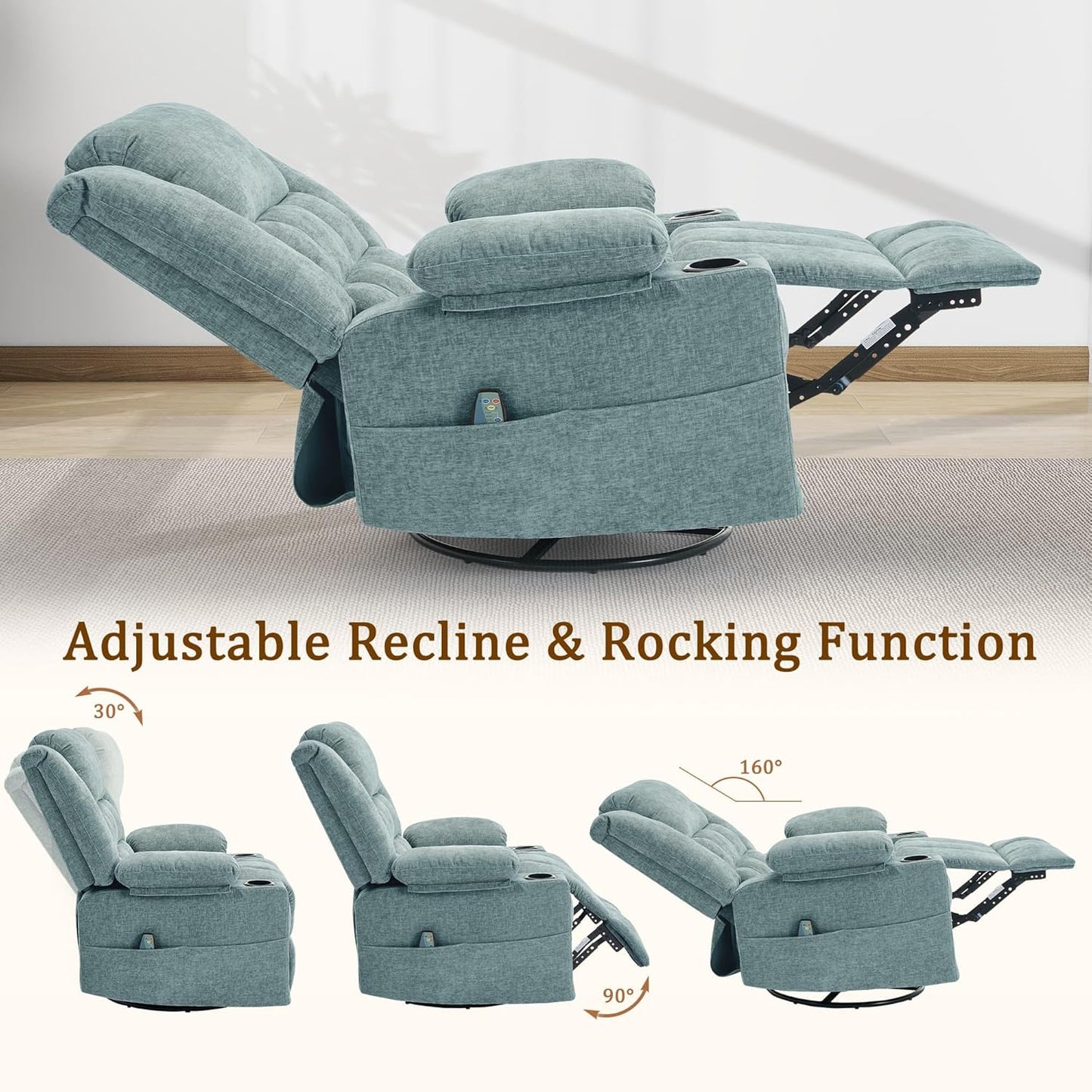Korser 360° Swivel Rocker Recliner for Adults, Nursery Glider Recliner with Massage and Heating, Rocking Chair with Cup Holder, Manual Recliner Chair for Living Room, Bedroom (Fabric, Beige)